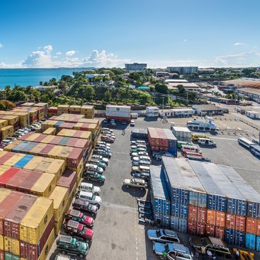 Antsiranana, Madagascar - December 20, 2015: Wide-angle view of containers in the port of Antsiranana (Diego Suarez), north of Madagascar, Africa.