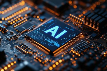 AI logo on a chip, with blue light glowing against a dark.